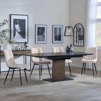 Product photograph of Catalina Black Ceramic Extending Pedestal Dining Set - Corona Beige Fabric Chairs from Choice Furniture Superstore