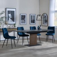 Product photograph of Catalina Black Ceramic Extending Pedestal Dining Set - Corona Blue Fabric Chairs from Choice Furniture Superstore