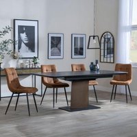 Product photograph of Catalina Black Ceramic Extending Pedestal Dining Set - Corona Brown Fabric Chairs from Choice Furniture Superstore