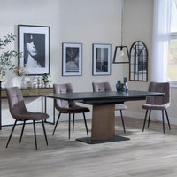 Product photograph of Catalina Black Ceramic Extending Pedestal Dining Set - Corona Camel Fabric Chairs from Choice Furniture Superstore