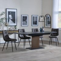 Product photograph of Catalina Black Ceramic Extending Pedestal Dining Set - Corona Grey Fabric Chairs from Choice Furniture Superstore
