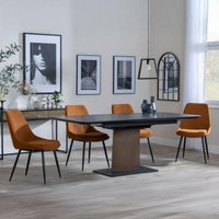 Product photograph of Catalina Black Ceramic Extending Pedestal Dining Set - Darwin Orange Fabric Dining Chair from Choice Furniture Superstore