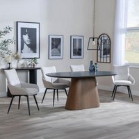 Product photograph of Danetti Dark Grey Ceramic Oval Dining Set With Bronze Pedestal Base - Ace Beige Fabric Swivel Dining Chair - Get 2 Chairs Free from Choice Furniture Superstore