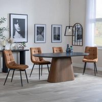 Product photograph of Danetti Dark Grey Ceramic Oval Dining Set With Bronze Pedestal Base - Corona Brown Fabric Dining Chair from Choice Furniture Superstore