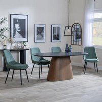Product photograph of Danetti Dark Grey Ceramic Oval Dining Set With Bronze Pedestal Base - Darwin Green Fabric Dining Chair from Choice Furniture Superstore