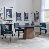 Product photograph of Danetti Dark Grey Ceramic Oval Dining Set With Bronze Pedestal Base - Peyton Blue Fabric Dining Chair from Choice Furniture Superstore