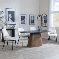 Product photograph of Danetti Dark Grey Ceramic Oval Dining Set With Bronze Pedestal Base - Peyton Cream Fabric Dining Chair from Choice Furniture Superstore