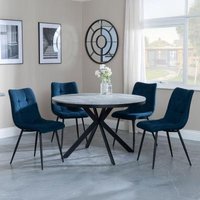 Product photograph of Ezra Grey Concrete Effect 4 Seater Round Dining Set With Spider Legs - 4 Corona Blue Fabric Dining Chair from Choice Furniture Superstore