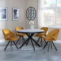 Product photograph of Ezra Grey Concrete Effect 4 Seater Round Dining Set With Spider Legs - 4 Ion Mustard Velvet Fabric Swivel Dining Chair from Choice Furniture Superstore