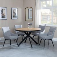 Product photograph of Ezra Industrial Oak Effect 4 Seater Round Dining Set With Spider Legs - 4 Ace Grey Fabric Swivel Dining Chair from Choice Furniture Superstore
