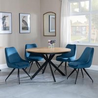 Product photograph of Ezra Industrial Oak Effect 4 Seater Round Dining Set With Spider Legs - 4 Arctic Blue Velvet Fabric Swivel Dining Chair from Choice Furniture Superstore