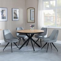 Product photograph of Ezra Industrial Oak Effect 4 Seater Round Dining Set With Spider Legs - 4 Arctic Grey Velvet Fabric Swivel Dining Chair from Choice Furniture Superstore