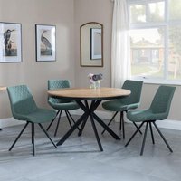 Product photograph of Ezra Industrial Oak Effect 4 Seater Round Dining Set With Spider Legs - 4 Boden Green Fabric Swivel Dining Chair from Choice Furniture Superstore
