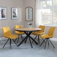 Product photograph of Ezra Industrial Oak Effect 4 Seater Round Dining Set With Spider Legs - 4 Boden Yellow Fabric Swivel Dining Chair from Choice Furniture Superstore
