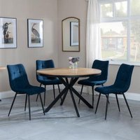 Product photograph of Ezra Industrial Oak Effect 4 Seater Round Dining Set With Spider Legs - 4 Corona Blue Fabric Dining Chair from Choice Furniture Superstore