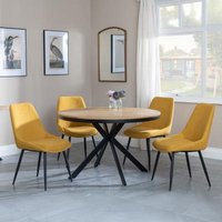 Product photograph of Ezra Industrial Oak Effect 4 Seater Round Dining Set With Spider Legs - 4 Darwin Yellow Fabric Dining Chair from Choice Furniture Superstore