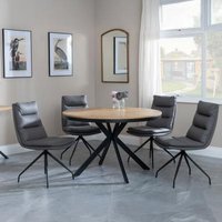 Product photograph of Ezra Industrial Oak Effect 4 Seater Round Dining Set With Spider Legs - 4 Diego Grey Leather Swivel Dining Chair from Choice Furniture Superstore