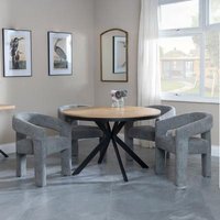 Product photograph of Ezra Industrial Oak Effect 4 Seater Round Dining Set With Spider Legs - 4 Kiefer Grey Boucle Fabric Dining Chair from Choice Furniture Superstore