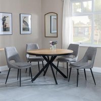 Product photograph of Ezra Industrial Oak Effect 4 Seater Round Dining Set With Spider Legs - 4 Peyton Grey Fabric Dining Chair from Choice Furniture Superstore