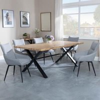 Product photograph of Ezra Industrial Oak Effect Dining Set With Cross Legs - Ace Grey Fabric Swivel Dining Chair from Choice Furniture Superstore