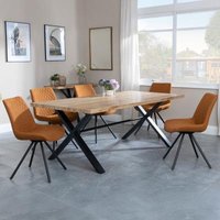 Product photograph of Ezra Industrial Oak Effect Dining Set With Cross Legs - Boden Orange Fabric Swivel Dining Chair from Choice Furniture Superstore
