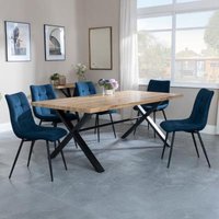 Product photograph of Ezra Industrial Oak Effect Dining Set With Cross Legs - Corona Blue Fabric Dining Chair from Choice Furniture Superstore