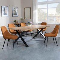 Product photograph of Ezra Industrial Oak Effect Dining Set With Cross Legs - Darwin Orange Fabric Dining Chair from Choice Furniture Superstore