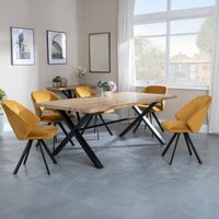 Product photograph of Ezra Industrial Oak Effect Dining Set With Cross Legs - Ion Mustard Velvet Fabric Swivel Dining Chair from Choice Furniture Superstore