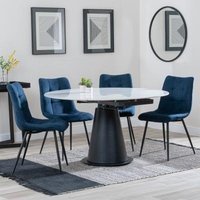 Product photograph of Carrara White Ceramic 4 Seater Round Extending Dining Set - 4 Corona Blue Fabric Dining Chair from Choice Furniture Superstore