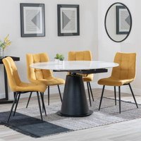 Product photograph of Carrara White Ceramic 4 Seater Round Extending Dining Set - 4 Corona Yellow Fabric Dining Chair from Choice Furniture Superstore