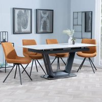 Product photograph of Alpha White Ceramic Extending Dining Set - Boden Orange Fabric Swivel Dining Chair from Choice Furniture Superstore
