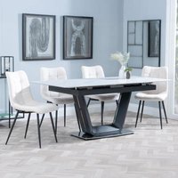 Product photograph of Alpha White Ceramic Extending Dining Set - Corona Beige Fabric Dining Chair from Choice Furniture Superstore
