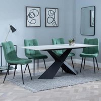Product photograph of Merlin White Ceramic Dining Set - Corona Green Fabric Dining Chair from Choice Furniture Superstore
