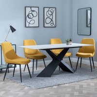 Product photograph of Merlin White Ceramic Dining Set - Darwin Yellow Fabric Dining Chair from Choice Furniture Superstore