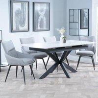 Product photograph of Bari White Ceramic Extending Dining Set - Ace Grey Fabric Swivel Dining Chair from Choice Furniture Superstore