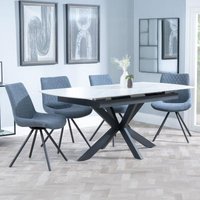 Product photograph of Bari White Ceramic Extending Dining Set - Boden Dark Grey Fabric Swivel Dining Chair from Choice Furniture Superstore