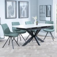 Product photograph of Bari White Ceramic Extending Dining Set - Boden Green Fabric Swivel Dining Chair from Choice Furniture Superstore