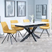 Product photograph of Bari White Ceramic Extending Dining Set - Boden Yellow Fabric Swivel Dining Chair from Choice Furniture Superstore