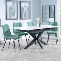 Product photograph of Bari White Ceramic Extending Dining Set - Corona Green Fabric Dining Chair from Choice Furniture Superstore
