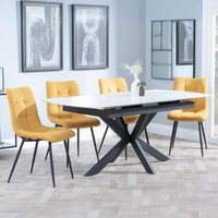 Product photograph of Bari White Ceramic Extending Dining Set - Corona Yellow Fabric Dining Chair from Choice Furniture Superstore