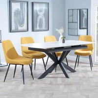 Product photograph of Bari White Ceramic Extending Dining Set - Darwin Yellow Fabric Dining Chair from Choice Furniture Superstore