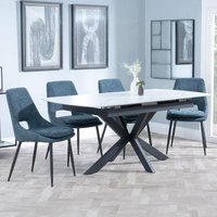 Product photograph of Bari White Ceramic Extending Dining Set - Peyton Blue Fabric Dining Chair from Choice Furniture Superstore
