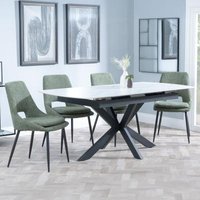 Product photograph of Bari White Ceramic Extending Dining Set - Peyton Green Fabric Dining Chair from Choice Furniture Superstore