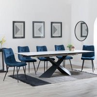 Product photograph of Hayden White Ceramic Extending Dining Set - Corona Blue Fabric Dining Chair from Choice Furniture Superstore