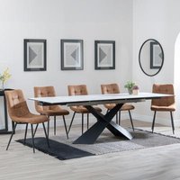 Product photograph of Hayden White Ceramic Extending Dining Set - Corona Brown Fabric Dining Chair from Choice Furniture Superstore