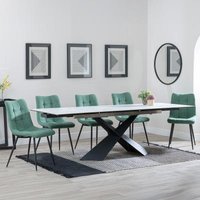 Product photograph of Hayden White Ceramic Extending Dining Set - Corona Green Fabric Dining Chair from Choice Furniture Superstore