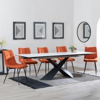 Product photograph of Hayden White Ceramic Extending Dining Set - Corona Orange Fabric Dining Chair from Choice Furniture Superstore