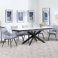 Product photograph of Sutton White Ceramic Extending Dining Set - Ace Grey Fabric Swivel Dining Chair from Choice Furniture Superstore