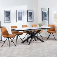 Product photograph of Sutton White Ceramic Extending Dining Set - Boden Orange Fabric Swivel Dining Chair from Choice Furniture Superstore