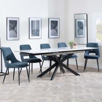 Product photograph of Sutton White Ceramic Extending Dining Set - Peyton Blue Fabric Dining Chair from Choice Furniture Superstore